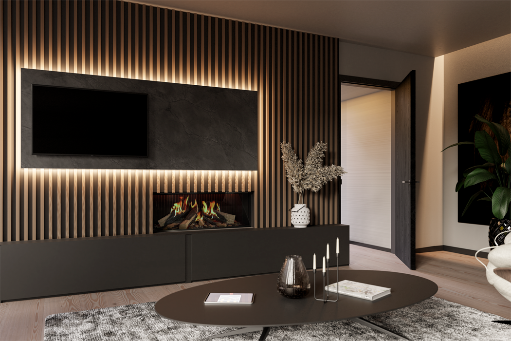 Chimenea eléctrica DRU Virtuo con tecnología de llama 3D holográfica en salón de lujo