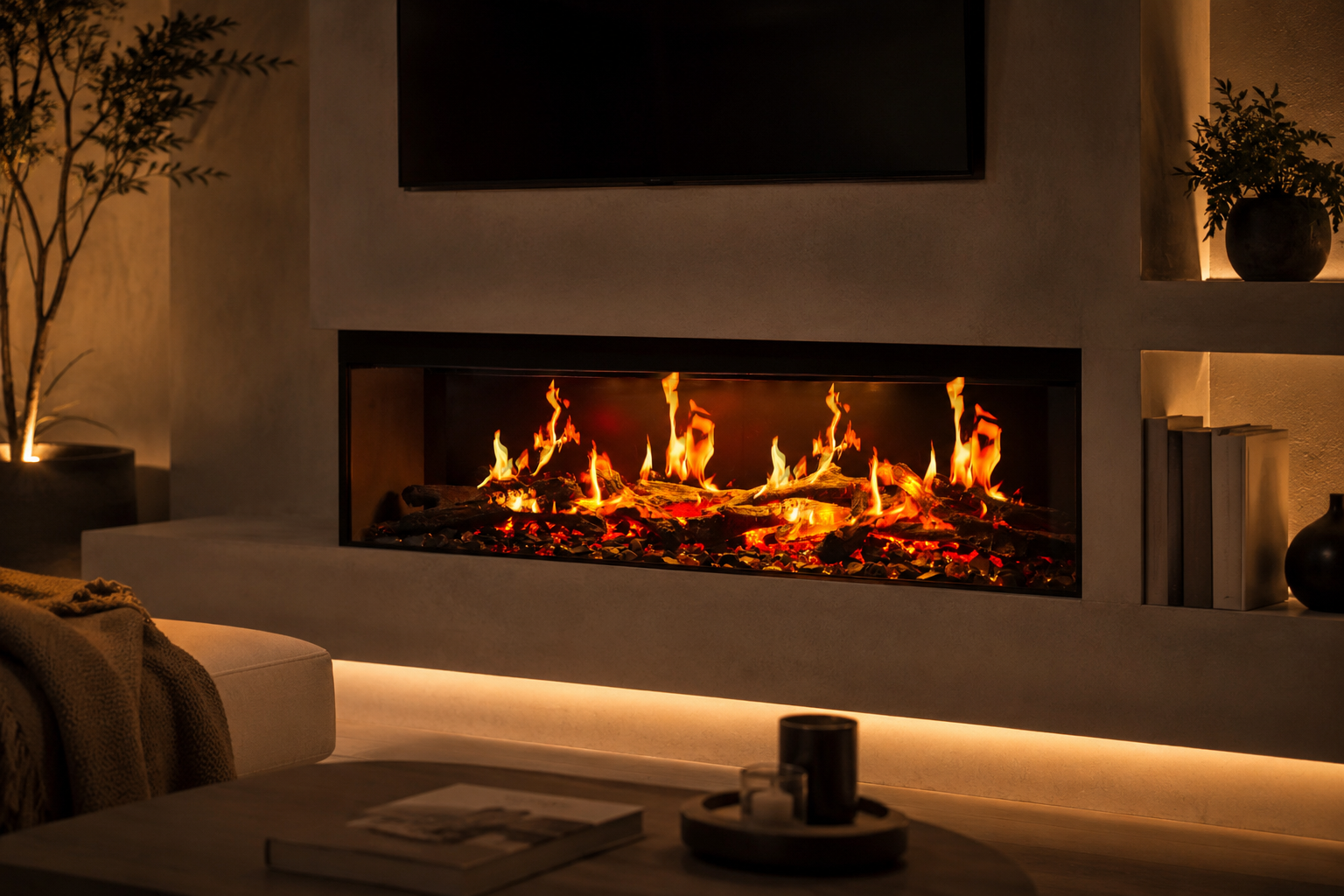 Chimenea eléctrica decorativa Kalcifer Zenya encastrada en una estructura minimalista con iluminación ambiental y efecto de brasas realistas.