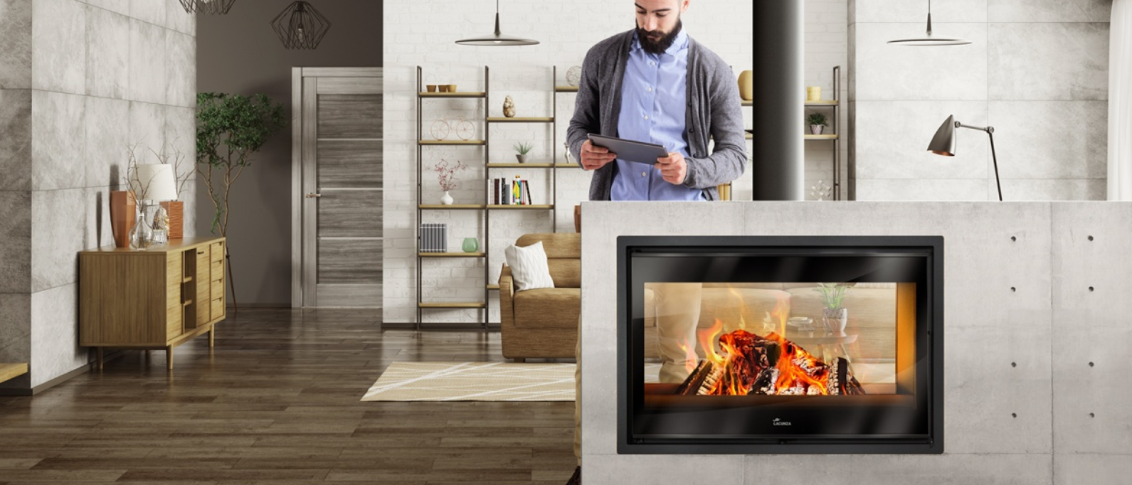 Chimenea de leña panorámica Lacunza Nickel instalada en una pared divisoria de diseño moderno