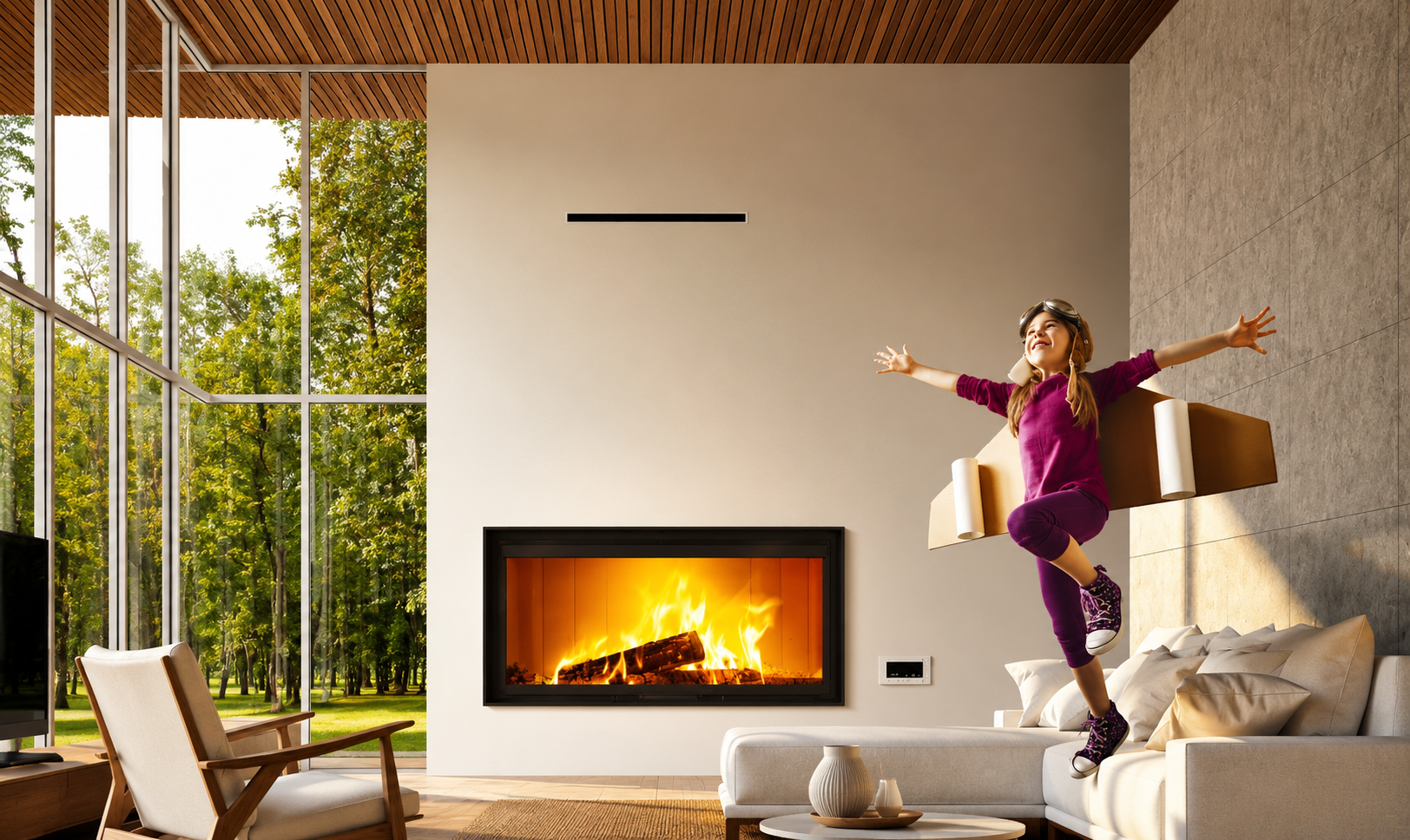 Chimenea de leña insertable Lacunza Itaca 100 Eco integrada en salón moderno y luminoso