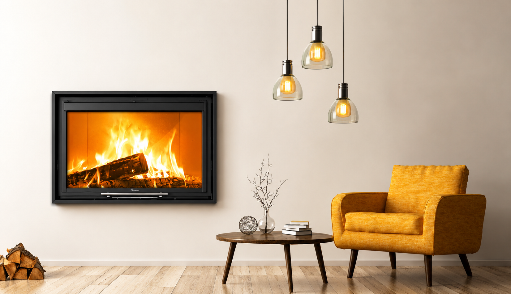 Chimenea de leña insertable Lacunza Itaca 80 Eco encendida en un salón moderno con sillón amarillo