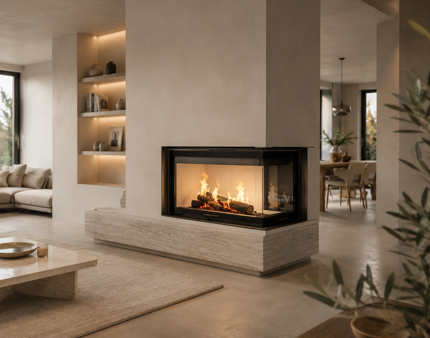 Chimenea de leña Lacunza Izaro 100 con diseño de esquina encendida en salón de lujo