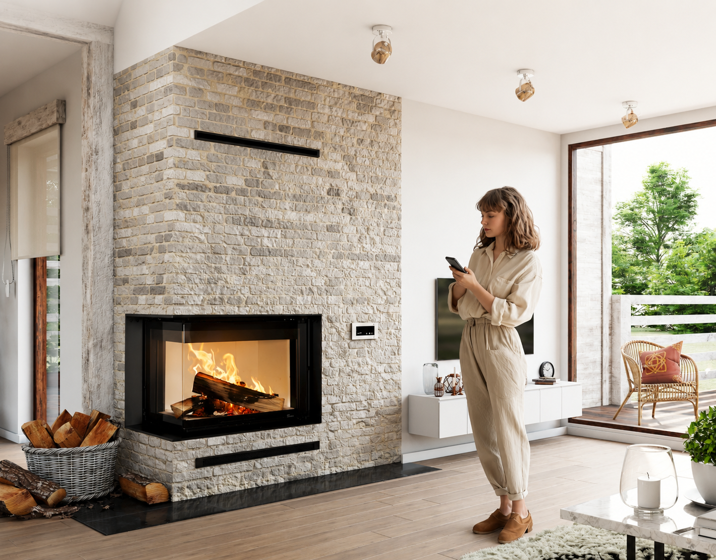 Chimenea de leña Lacunza Izaro 80 de esquina integrada en pared de piedra decorativa