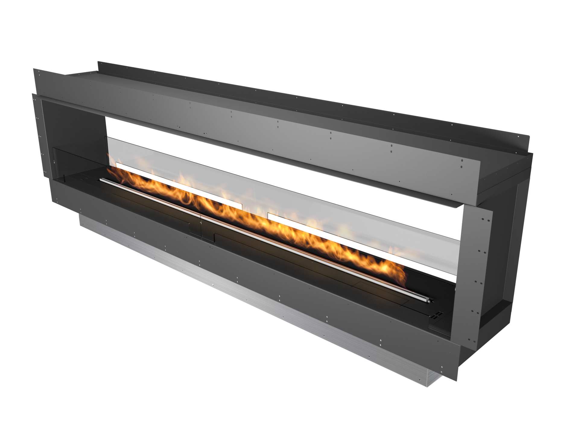 chimenea de bioetanol vista modo tunnel y doble cara  llama lineal y moderna 