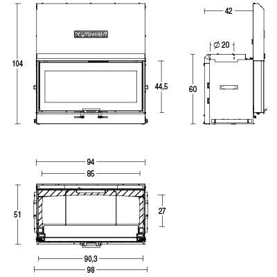 Salón moderno con el monobloque Piazzetta MC 90/44 SL instalado, mostrando su espectacular visión horizontal del fuego.