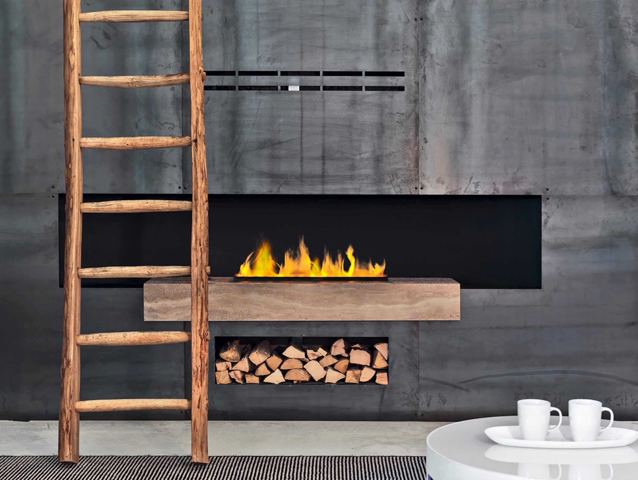 Chimenea de vapor de agua Dimplex Optimyst encastrada en mueble de diseño minimalista.