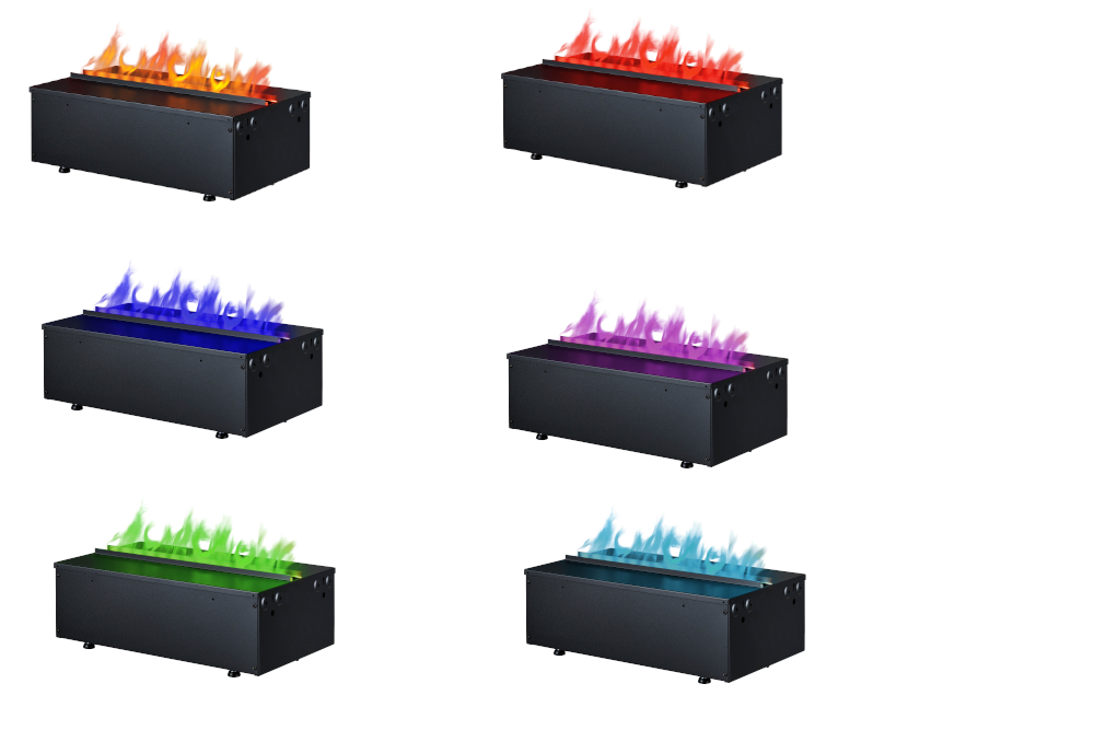 Diferentes opciones de color LED (azul, violeta, rojo) para la chimenea Optimyst