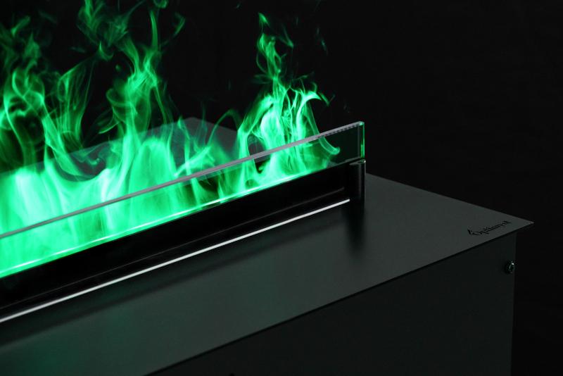 Llama de vapor de agua en color verde esmeralda, personalización mediante luces LED RGB en el modelo Cool Flame.