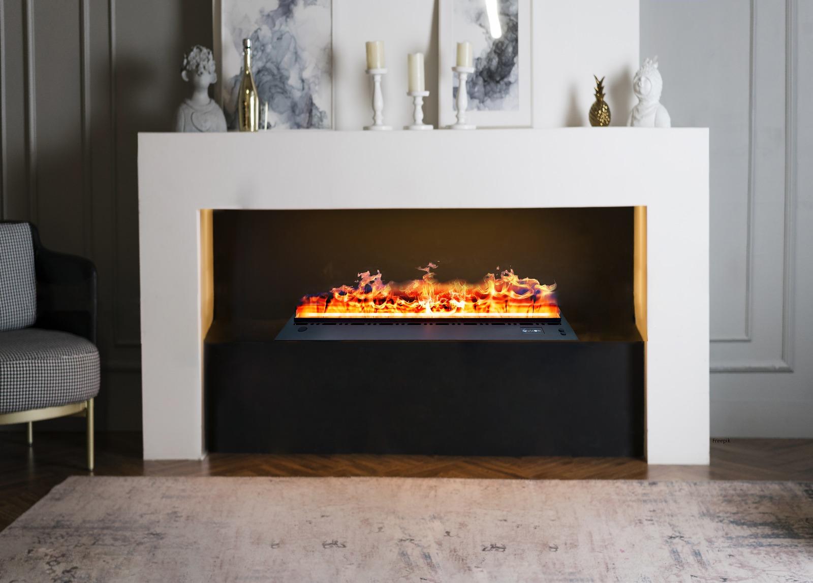Chimenea de vapor Relaxfire instalada en un revestimiento blanco de diseño minimalista