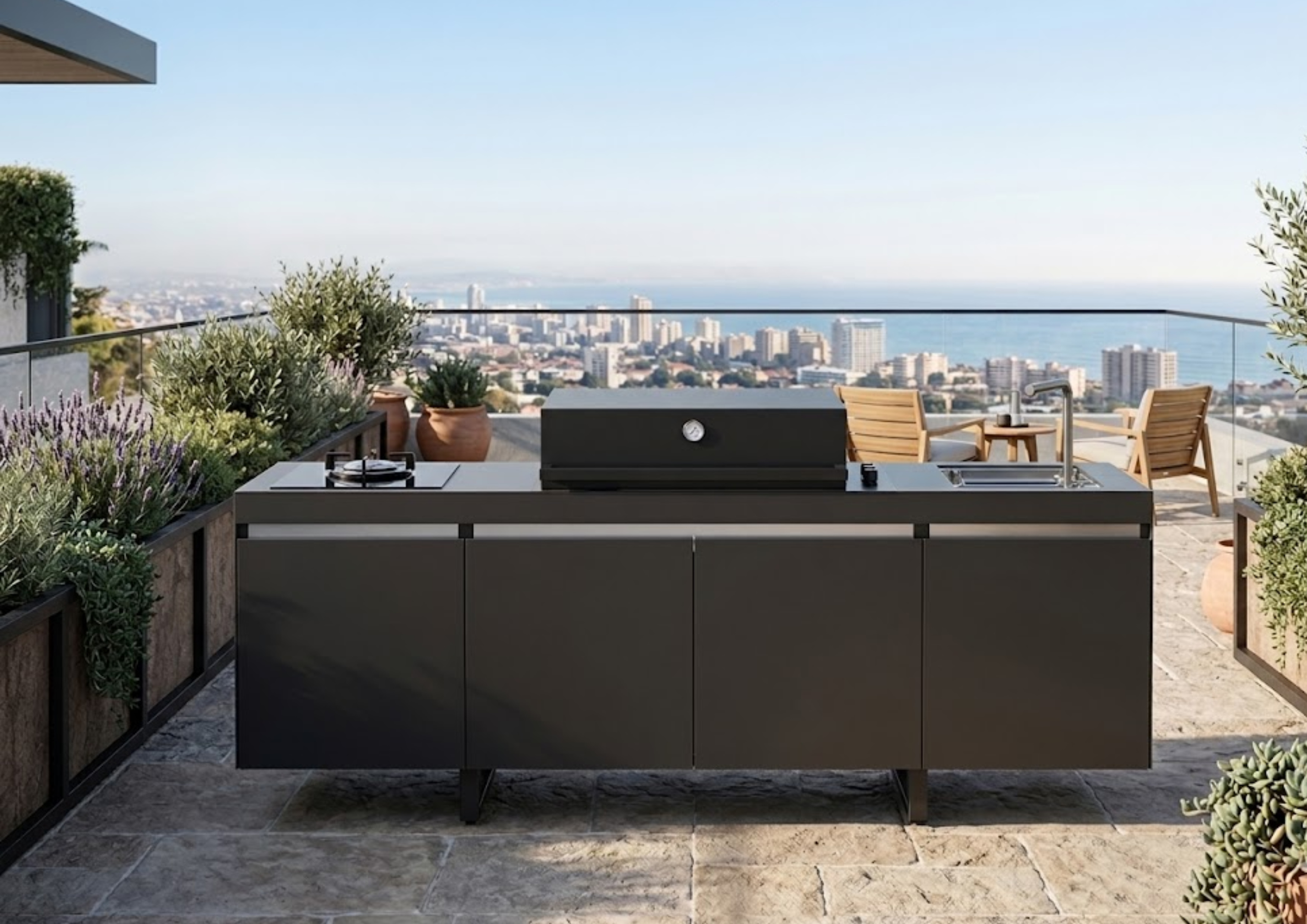Cocina de exterior Agher de FÒGHER instalada en una terraza moderna con vistas al mar