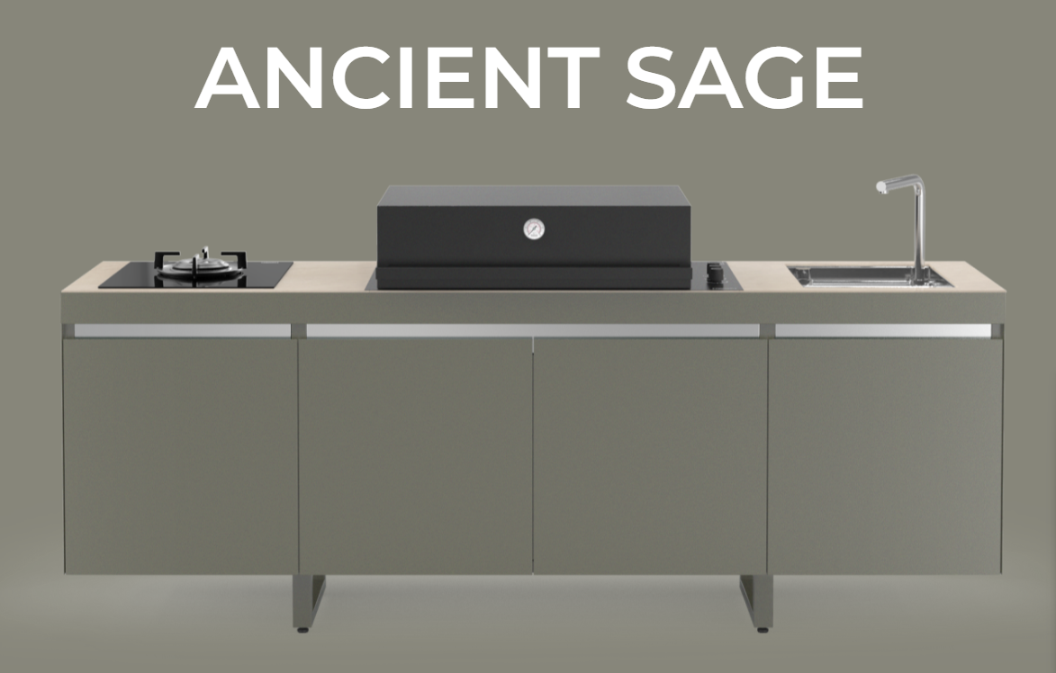 Cocina de exterior de diseño italiano Agher de FÒGHER en acabado verde Ancient Sage
