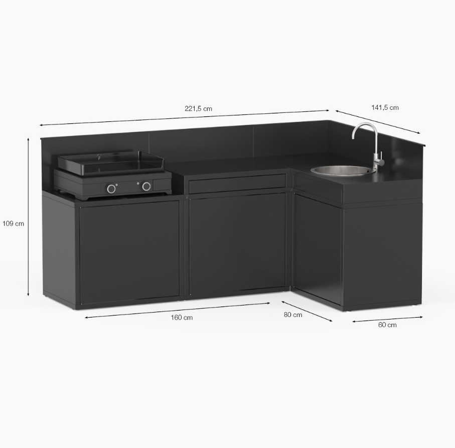 Configuración modular esquinera de cocina exterior Forge Adour, optimizando espacio en terraza o jardín.