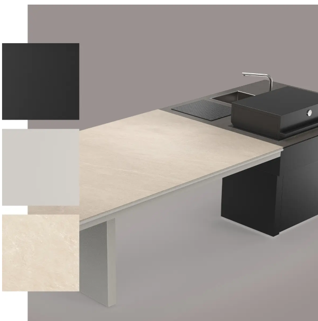 Cocina modular Nojara de FÒGHER en acabado color arena con mesa volada.