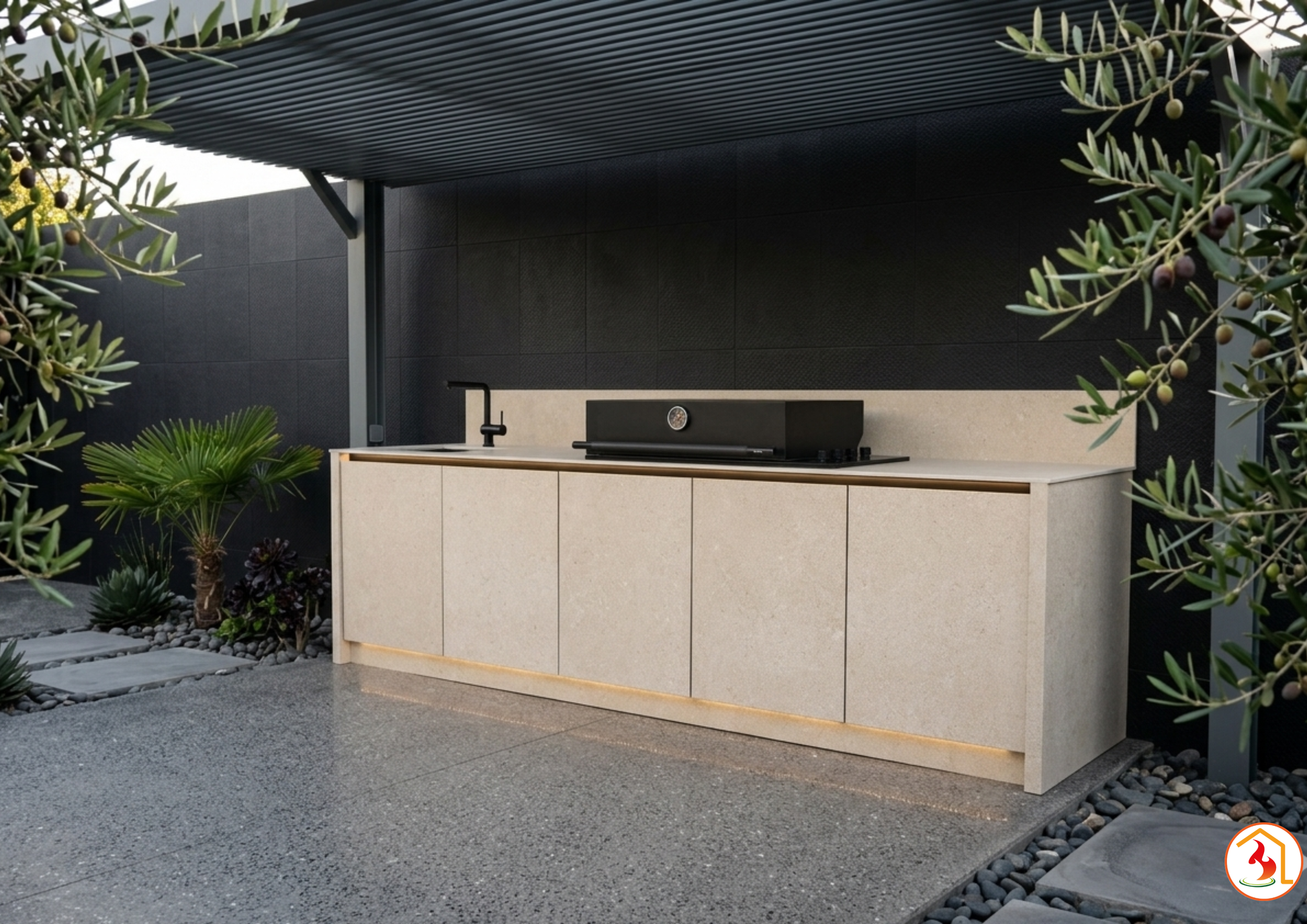 cocina exterior personalizada con encimera Dekton Avorio de Cosentino y barbacoa de carbón Box Q integrada.