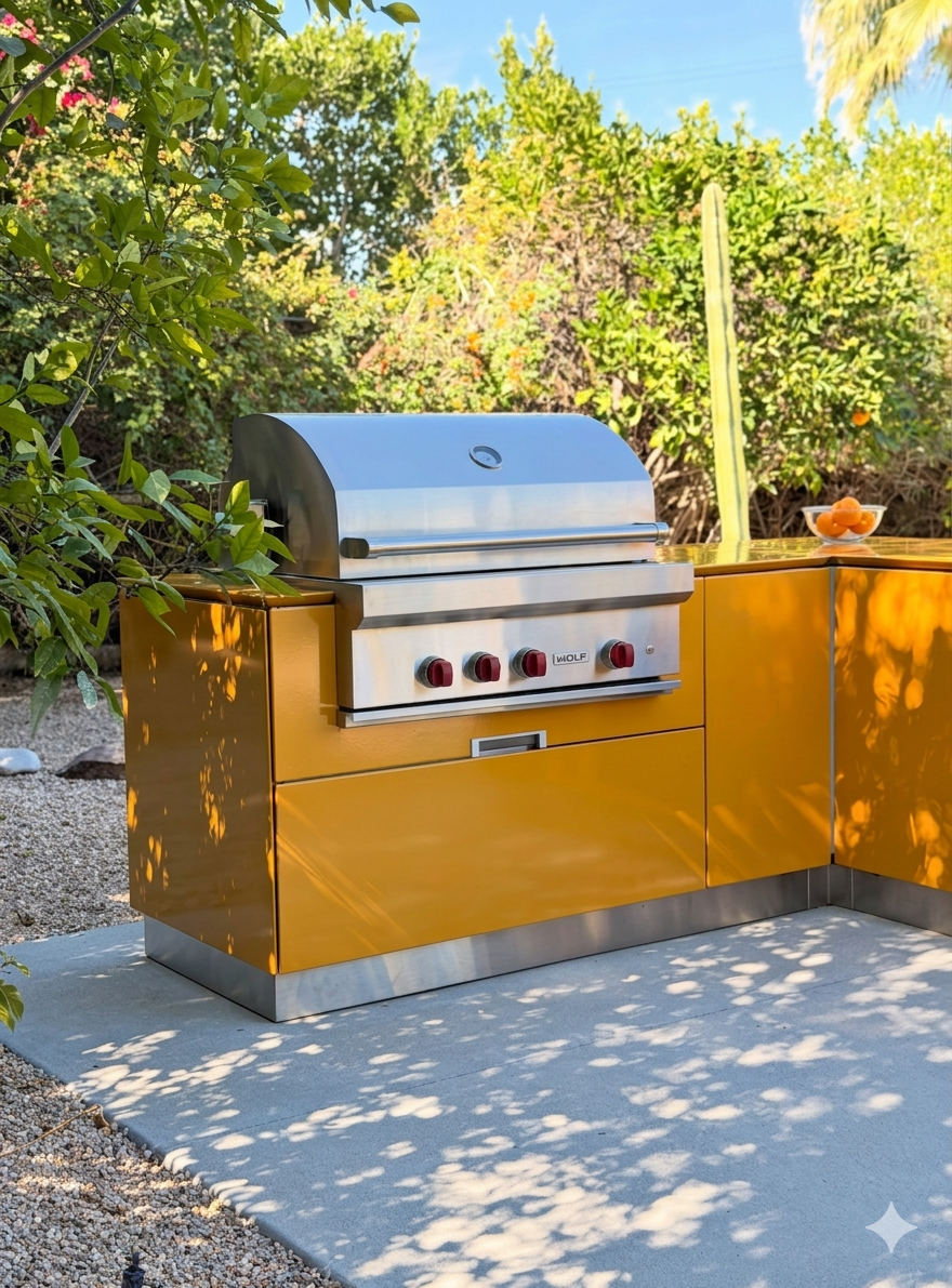 Isla de cocina exterior Vlaze ADAPT en acero esmaltado vitrificado de diseño británico.