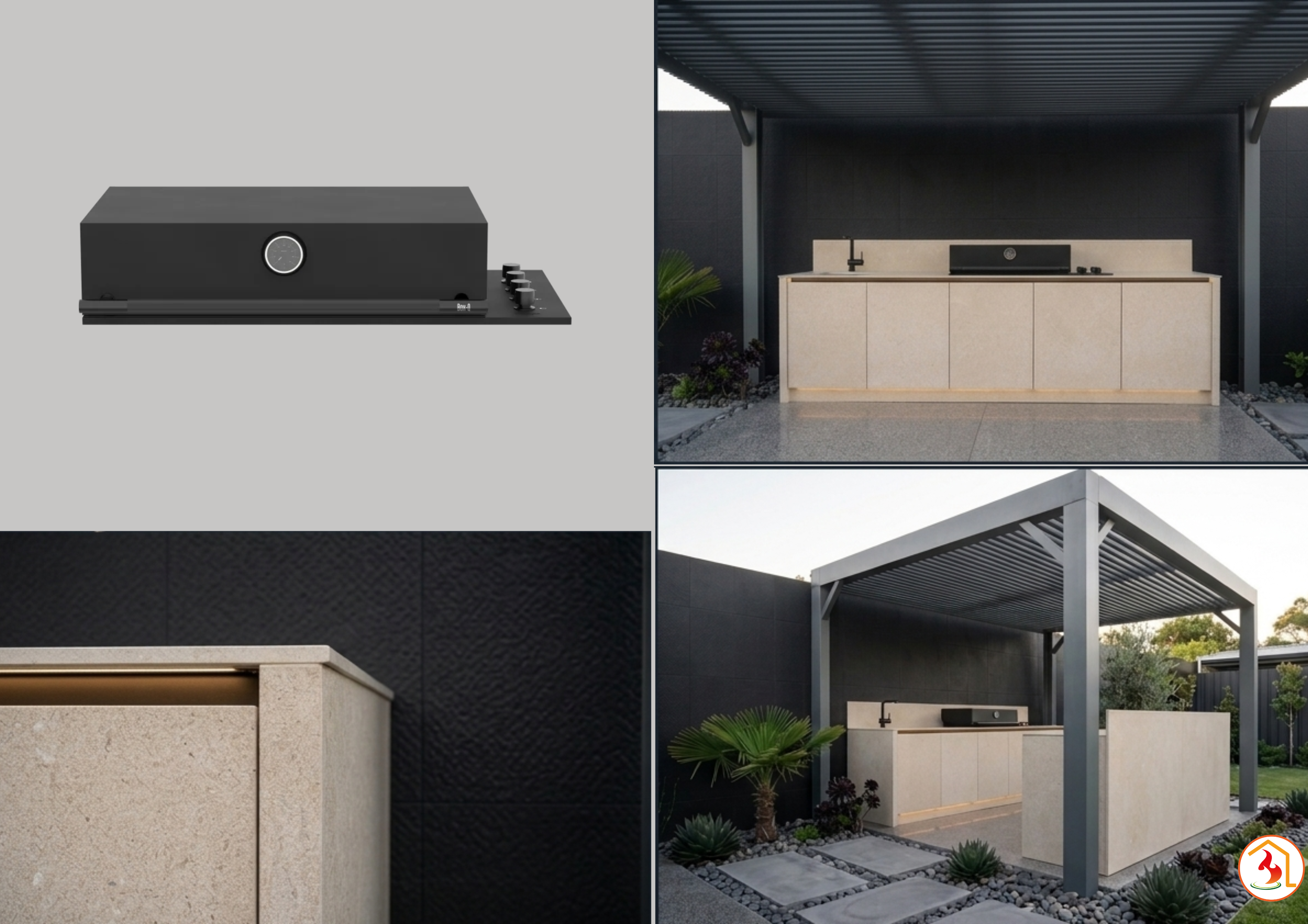 Vista frontal de una cocina exterior modular personalizada, uniendo la elegancia del Dekton Avorio y la potencia de la barbacoa Box Q.