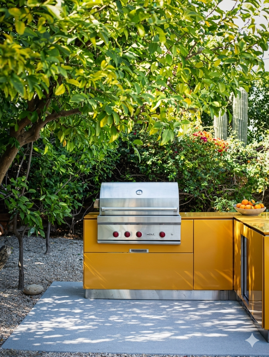Módulo de cocina Vlaze en una terraza moderna, destacando su acabado brillante y colores vibrantes.