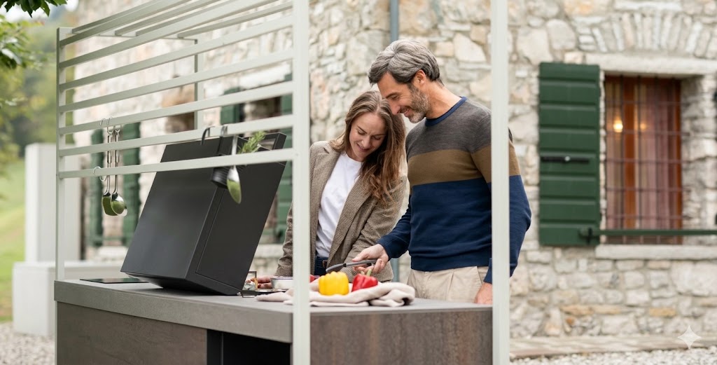 Pareja utilizando la barbacoa profesional de una cocina exterior Lares de FÒGHER en una casa de campo