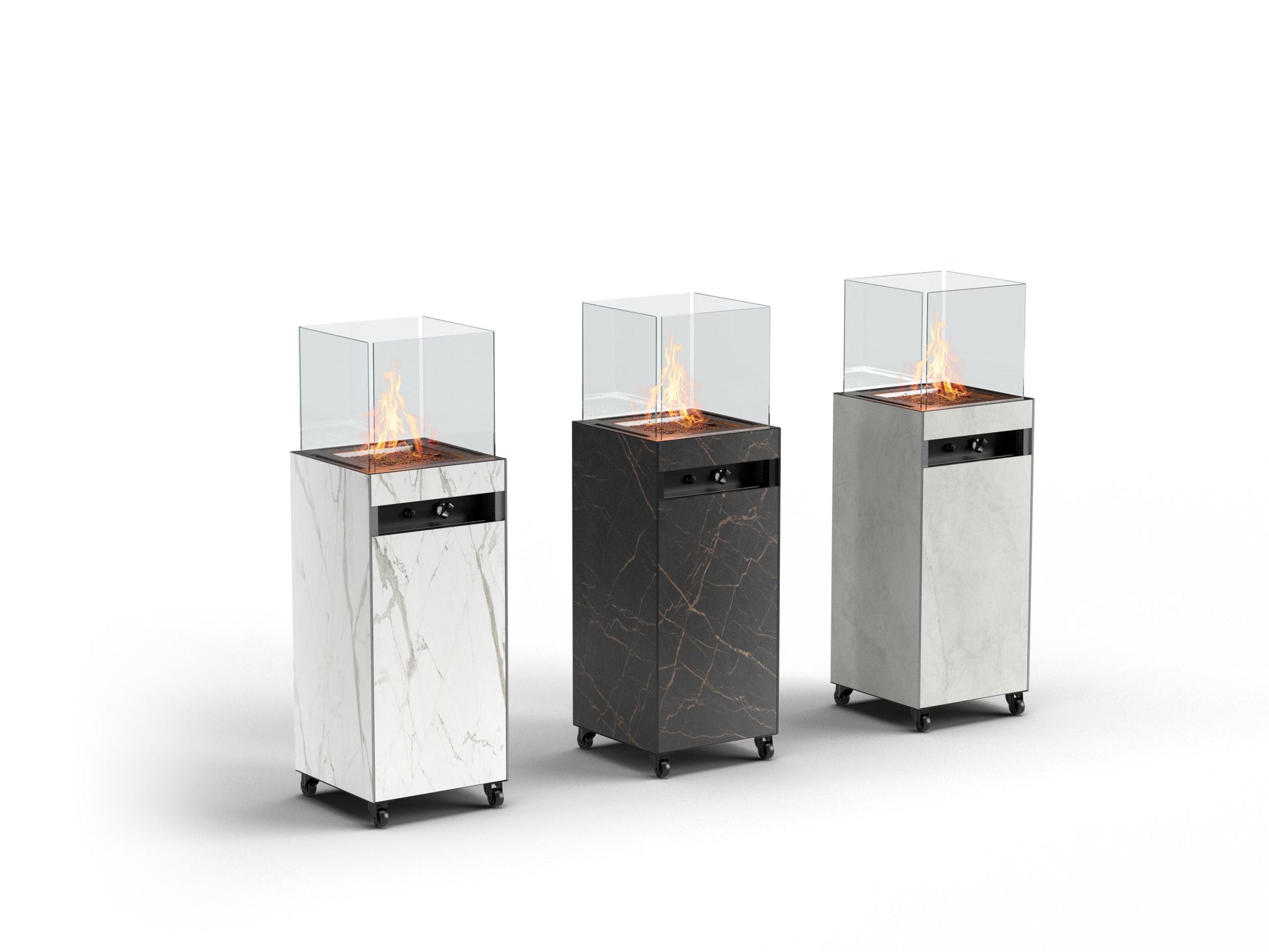 Gama de acabados decorativos para la chimenea Oia: blanco, negro y gris seda