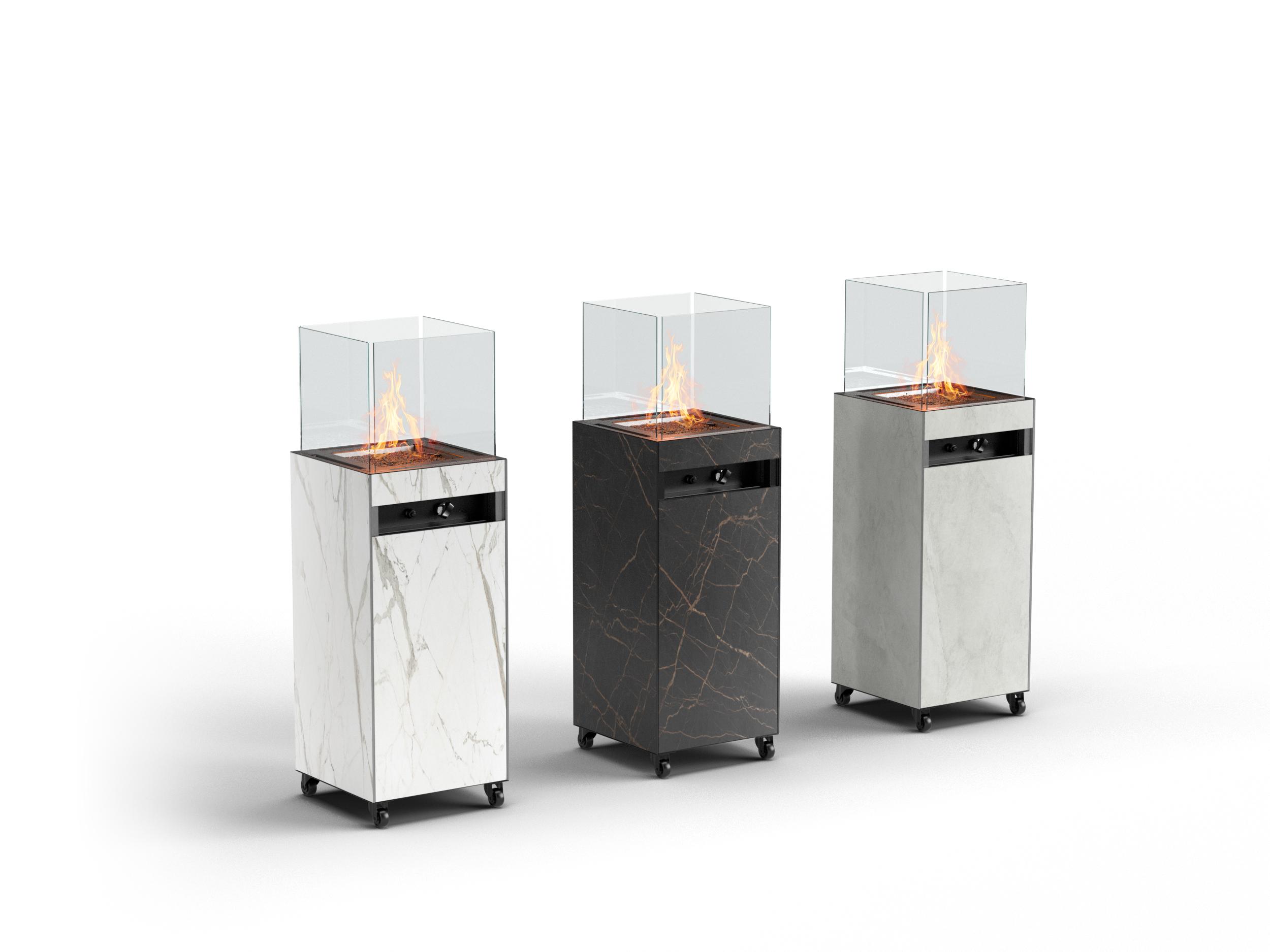 Gama de acabados decorativos para la chimenea Oia: blanco, negro y gris seda