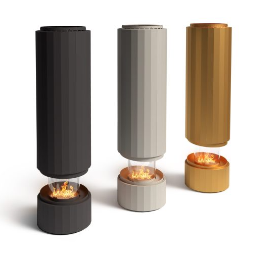 Variedad de acabados para la chimenea Pillar: negro, seda blanca y oro champán