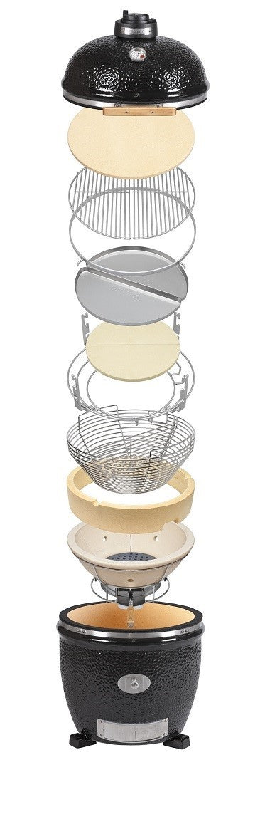 Infografía vertical que muestra la torre de accesorios y niveles de cocción del Monolith Classic