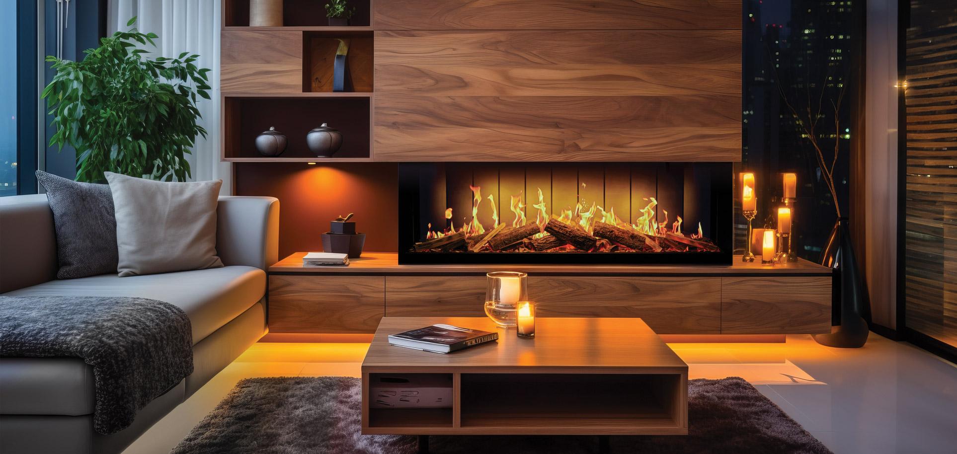 Salón moderno con chimenea Solution Trueflame 150 3DX como pieza central decorativa