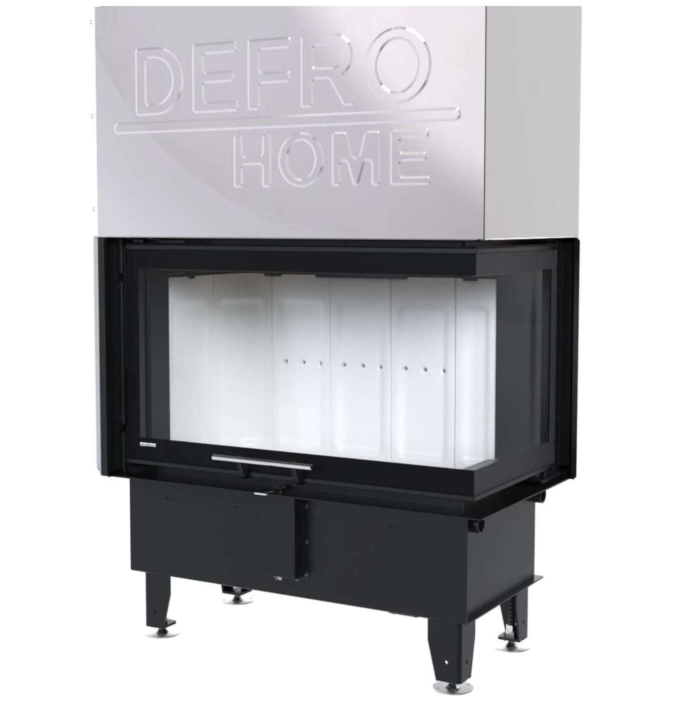 Monobloque de leña Defro Home Intra ME G con cristal lateral y revestimiento interior de Ceratón blanco de alta reflectividad.