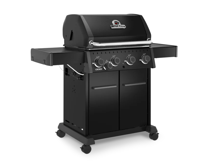 Estructura exterior de la barbacoa Crown 440 Shadow con acabado negro elegante y ruedas para transporte