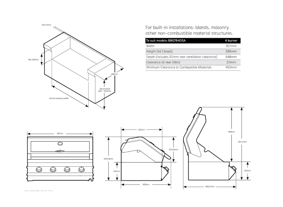 Plano técnico con las dimensiones de corte y montaje para la barbacoa BeefEater Signature 7000 Classic de 4 quemadores