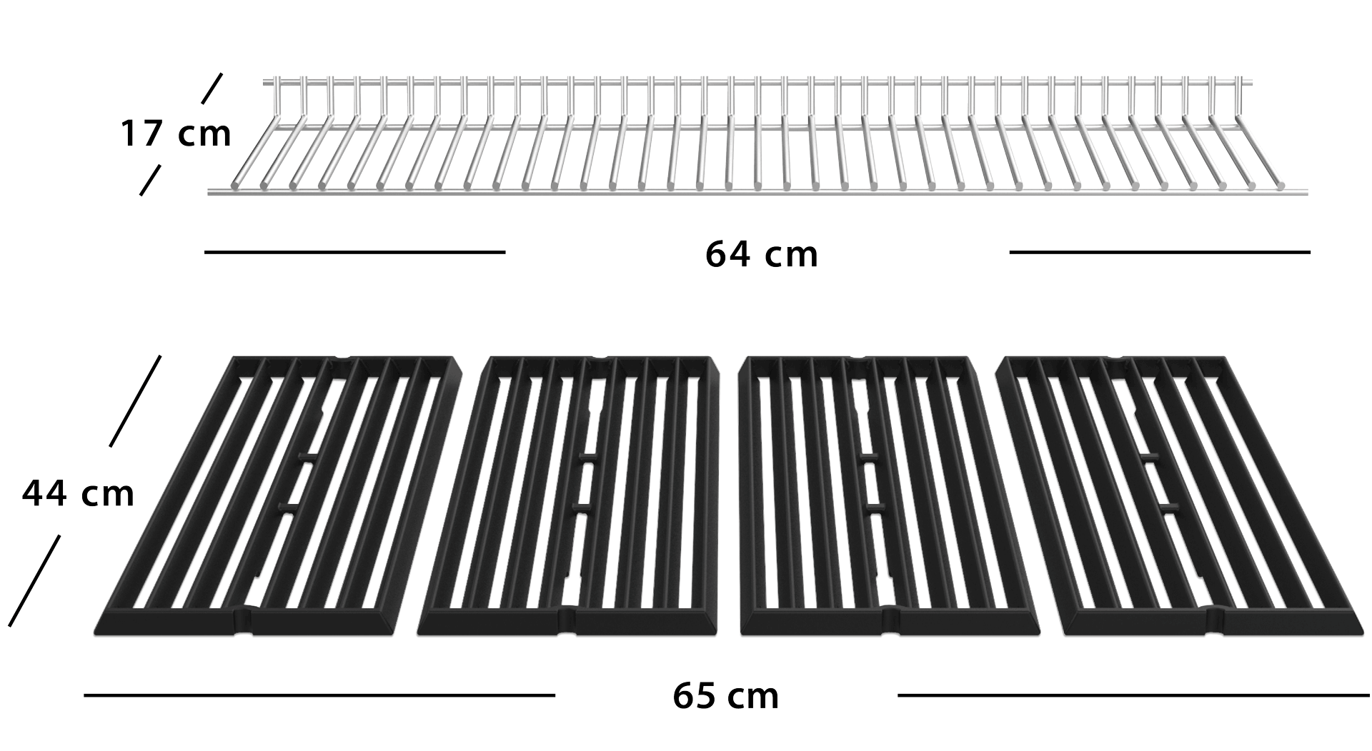 Plano con medidas de la superficie de cocción y parrillas de la barbacoa Broil King Baron S 490 IR