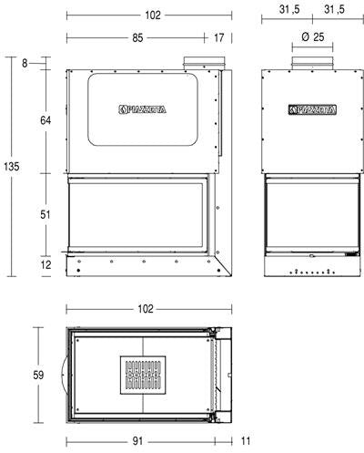 Plano técnico del Piazzetta MA 272 SL detallando las medidas del hogar, la salida de humos superior y las proporciones para instalación empotrada.