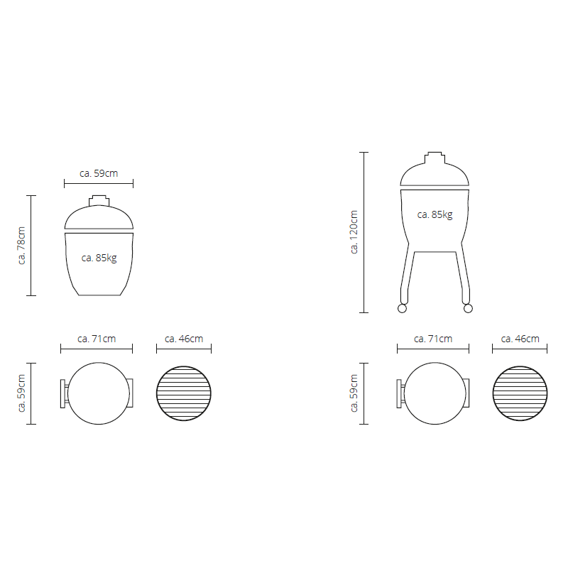 Plano con las medidas del Monolith Classic Smart-Flow: 120 cm de altura y 46 cm de diámetro de parrilla