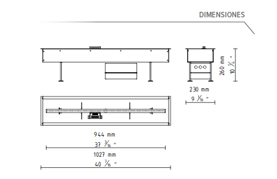 Plano técnico con medidas detalladas del quemador automático lineal Galio Insert