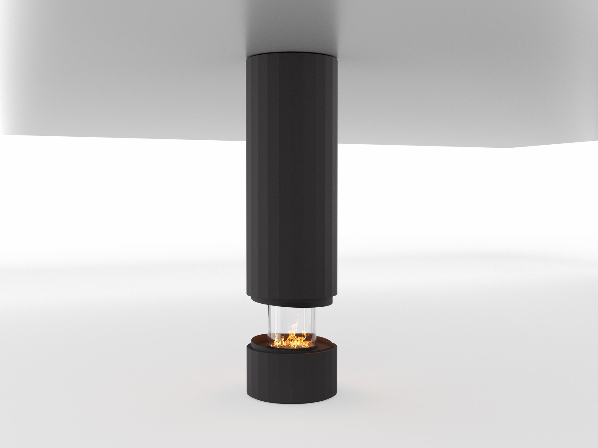 Vista de diseño minimalista de la chimenea de bioetanol Pillar suspendida visualmente