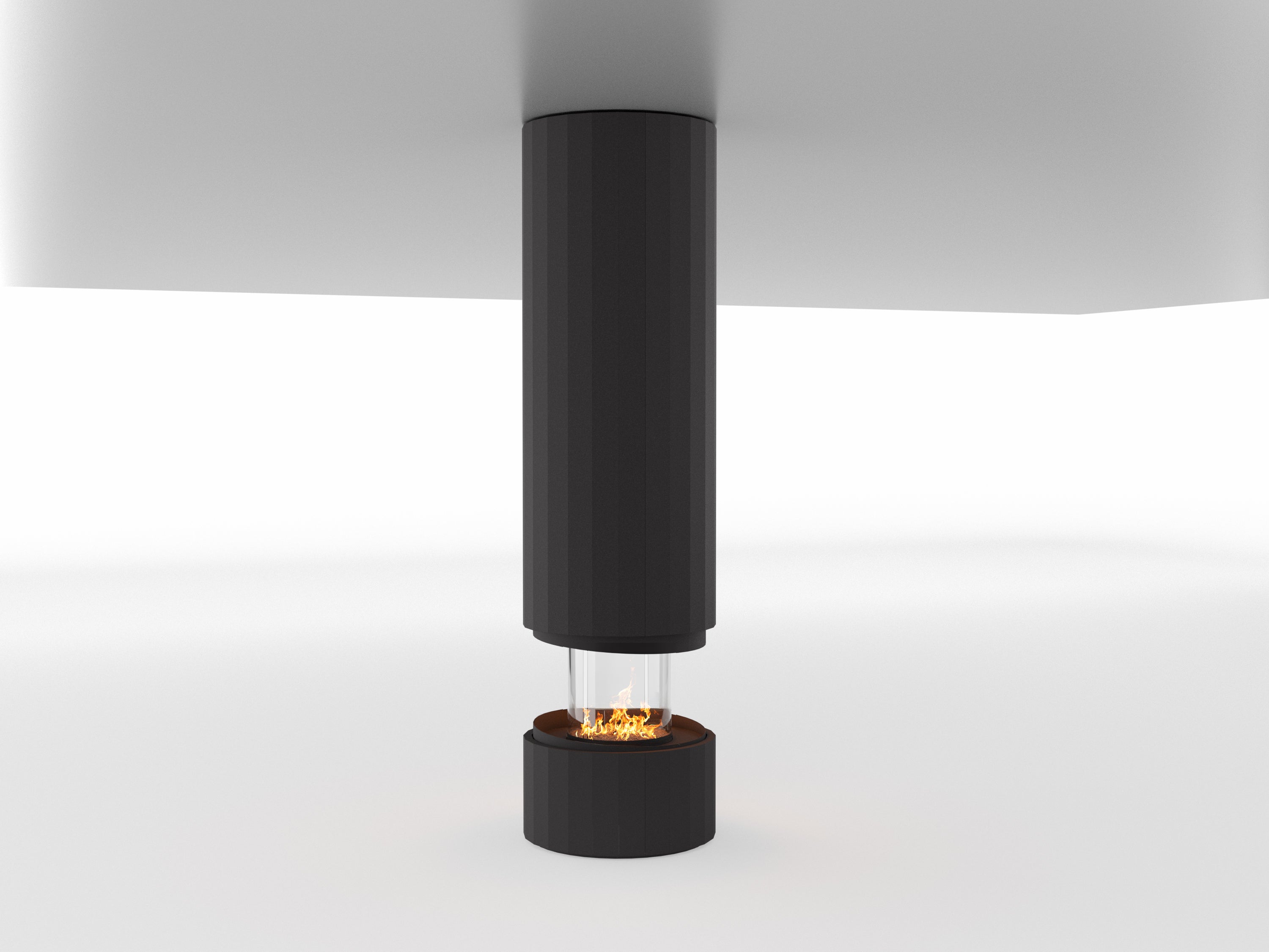 Vista de diseño minimalista de la chimenea de bioetanol Pillar suspendida visualmente
