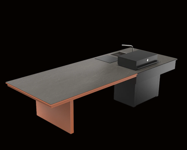 Estructura arquitectónica de la cocina Nojara de FÒGHER con mesa en voladizo
