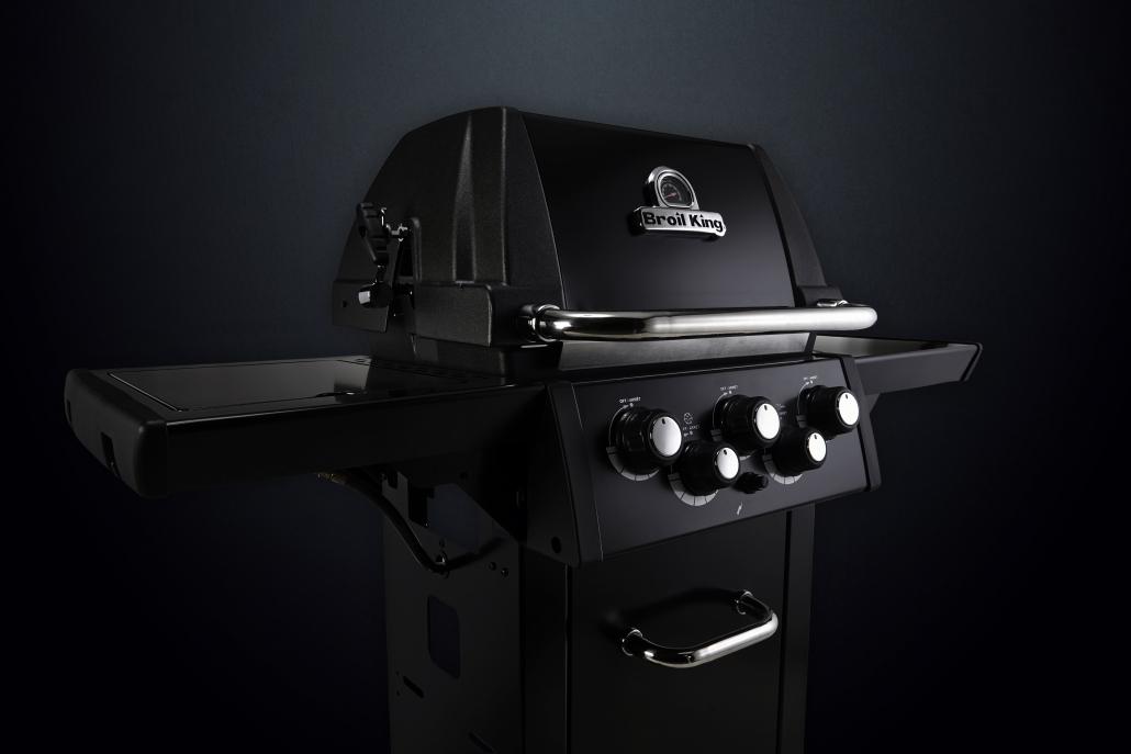 Vista superior de la barbacoa compacta Broil King Royal 390 Shadow con acabados en negro de alta resistencia