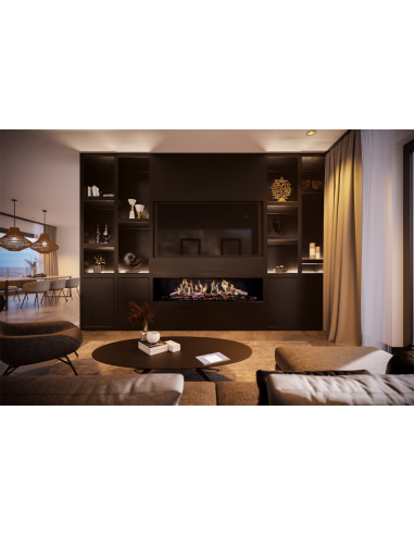 Salón de diseño con chimenea eléctrica DRU Virtuo instalada bajo una pantalla de televisión