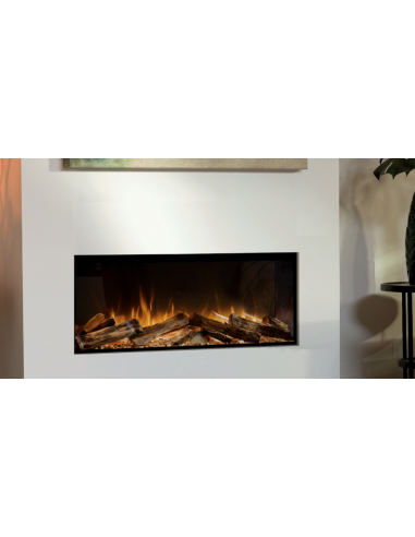Vista frontal de chimenea eléctrica E-lectra Black Edition en pared blanca minimalista