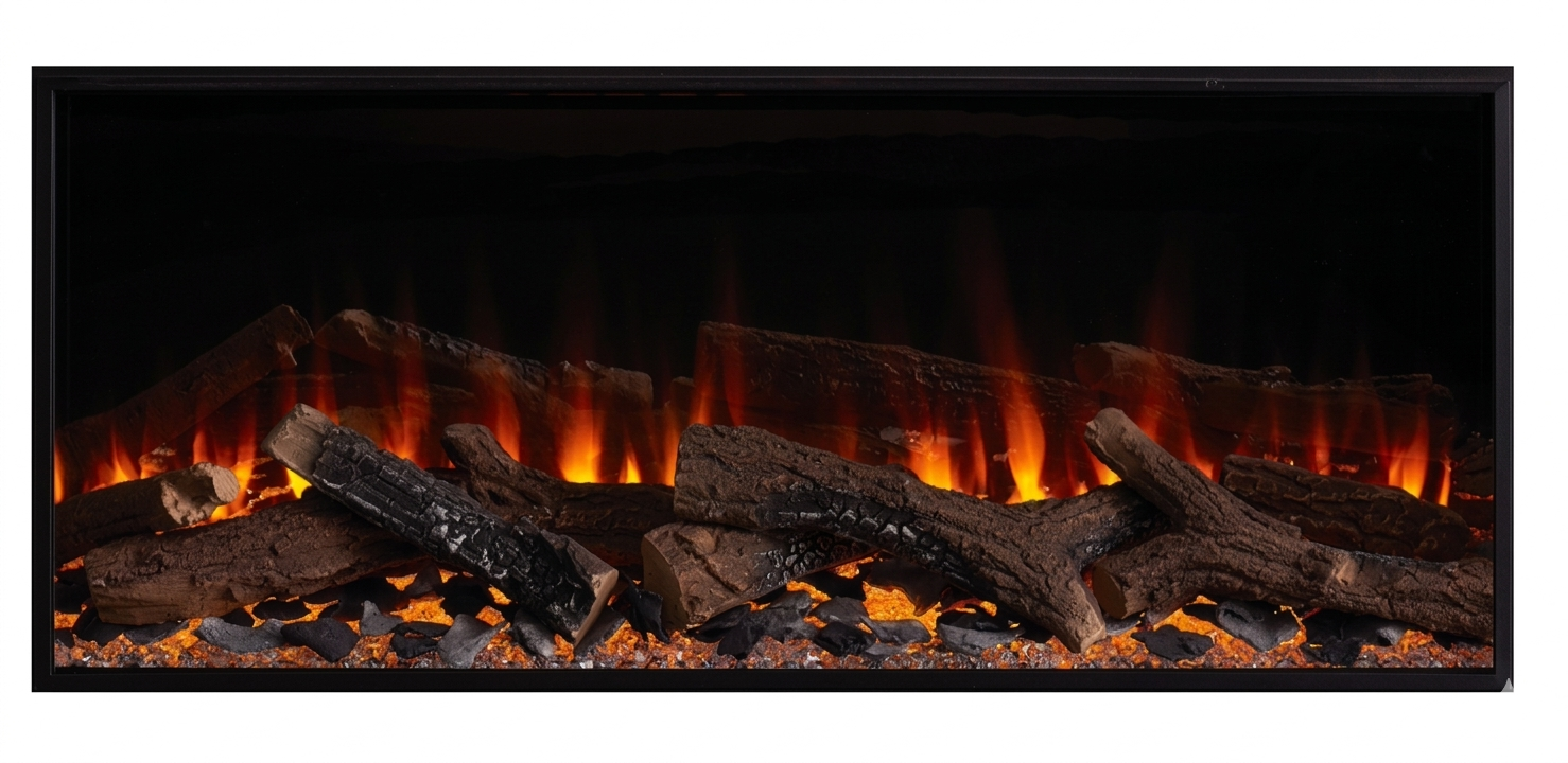 Efecto de llama LED realista y lecho de brasas de la chimenea British Fires New Forest con troncos cerámicos