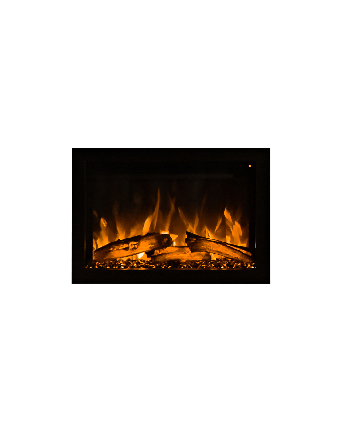 Vista frontal compacta de la chimenea eléctrica Elcofire Motion con marco negro fino