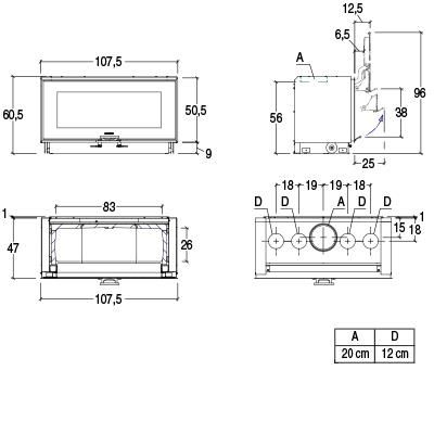 Plano técnico con dimensiones del modelo Lugano BL, detallando la salida de humos y proporciones exteriores