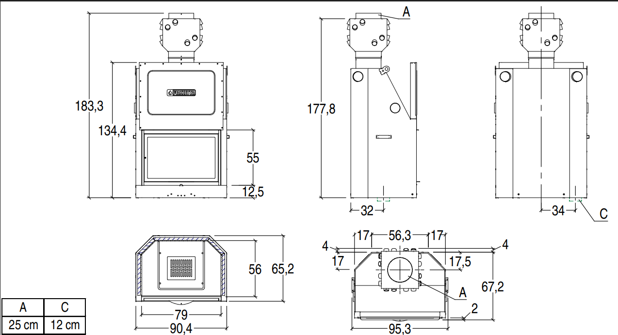 Plano técnico del modelo Piazzetta MA 261 SL Plus detallando dimensiones, intercambiador de calor y sistema de salida de humos