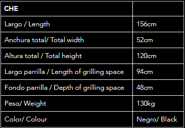 Ficha técnica de la barbacoa CHE: peso 120kg, largo 115cm y gran superficie de parrilla de 80x45cm