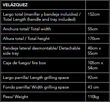 Ficha técnica de la barbacoa Velázquez: peso 110kg, largo total 152cm y sistema de elevación de precisión