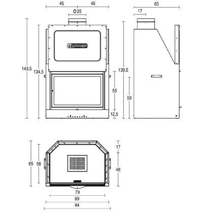 Plano técnico detallado del Piazzetta MA 261 SL, mostrando las dimensiones totales, el área de visión del fuego y la salida de humos superior.