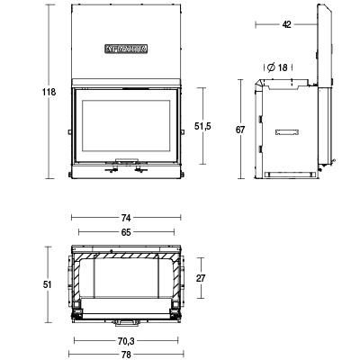 Plano técnico detallado del Piazzetta MC 70/51 SL detallando el ancho de 70 cm, la altura y la salida de humos superior.