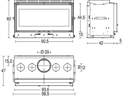 Plano técnico del Piazzetta MC 90/44 detallando el ancho de 90 cm, la altura de la boca de 44 cm y la salida de humos superior.