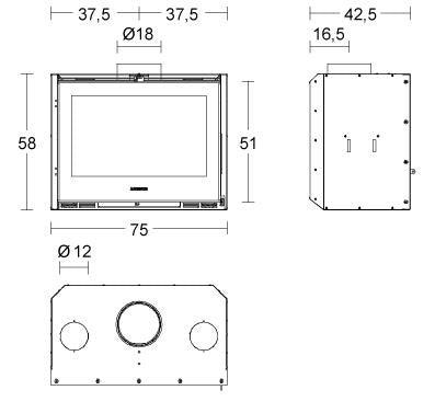Plano técnico del insertable Piazzetta IL 75/58 detallando el ancho de 75 cm y la altura de 58 cm para instalación profesional.